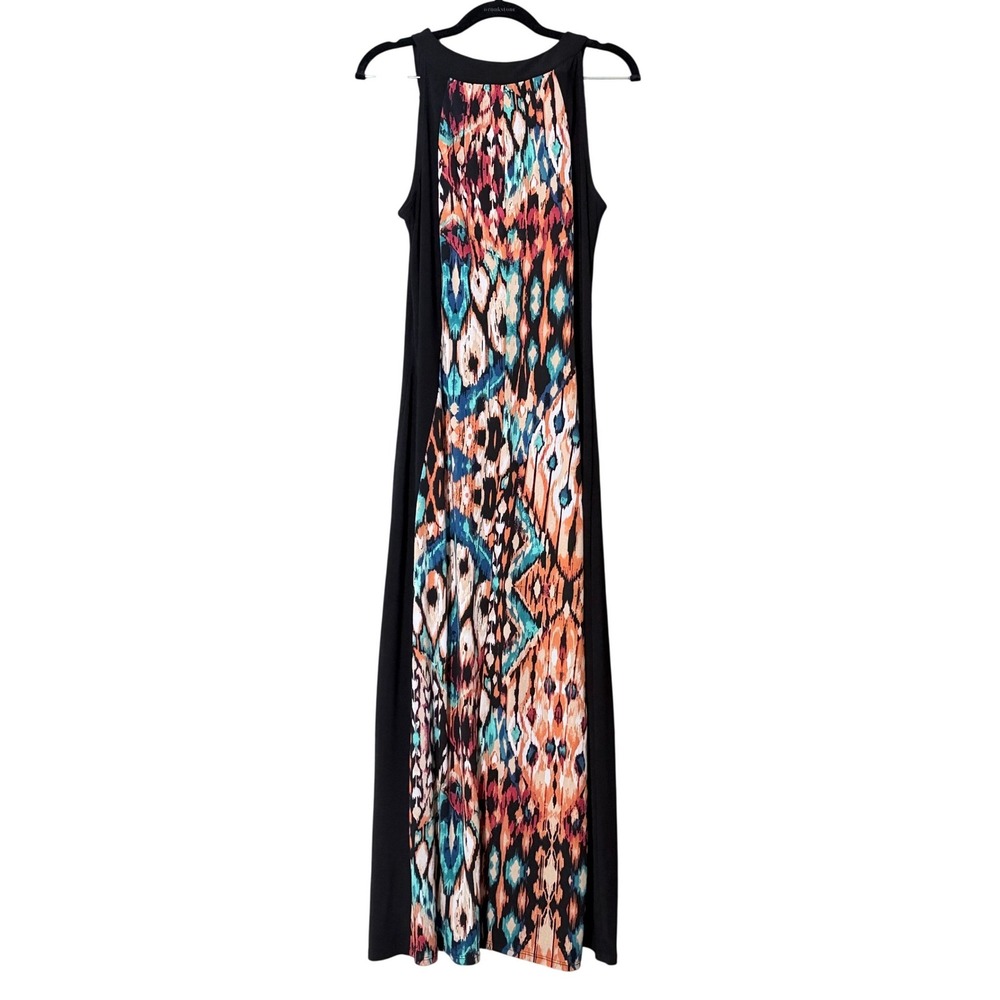 Elie McCarthy Tribal Maxi Dress L Black Ikat Print Sleeveless Boho Gown 3792A - Picture 2 of 6